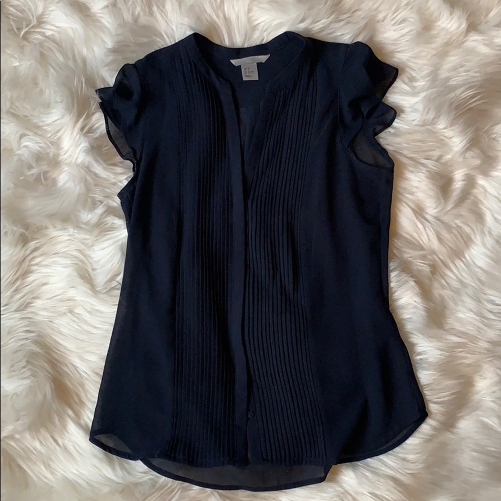 Navy H&M Flutter Sleeve Blouse